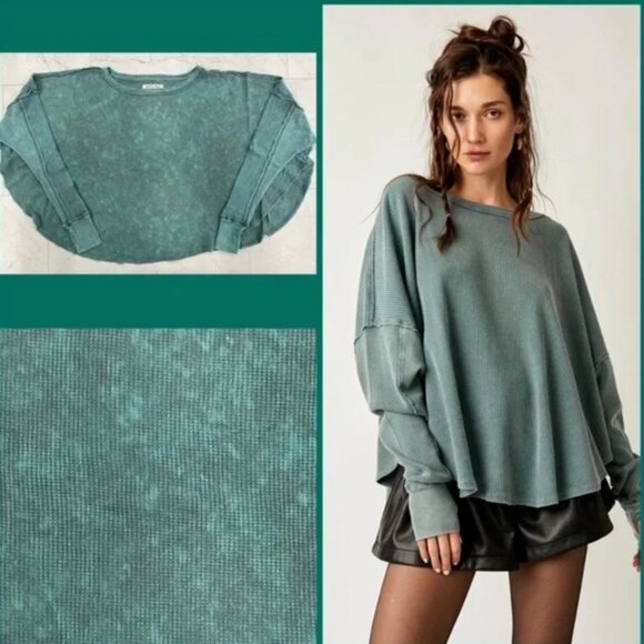 Free People Microphone Drop Thermal Silver Pine Acid Wash Green size Small NWT - Picture 3 of 10